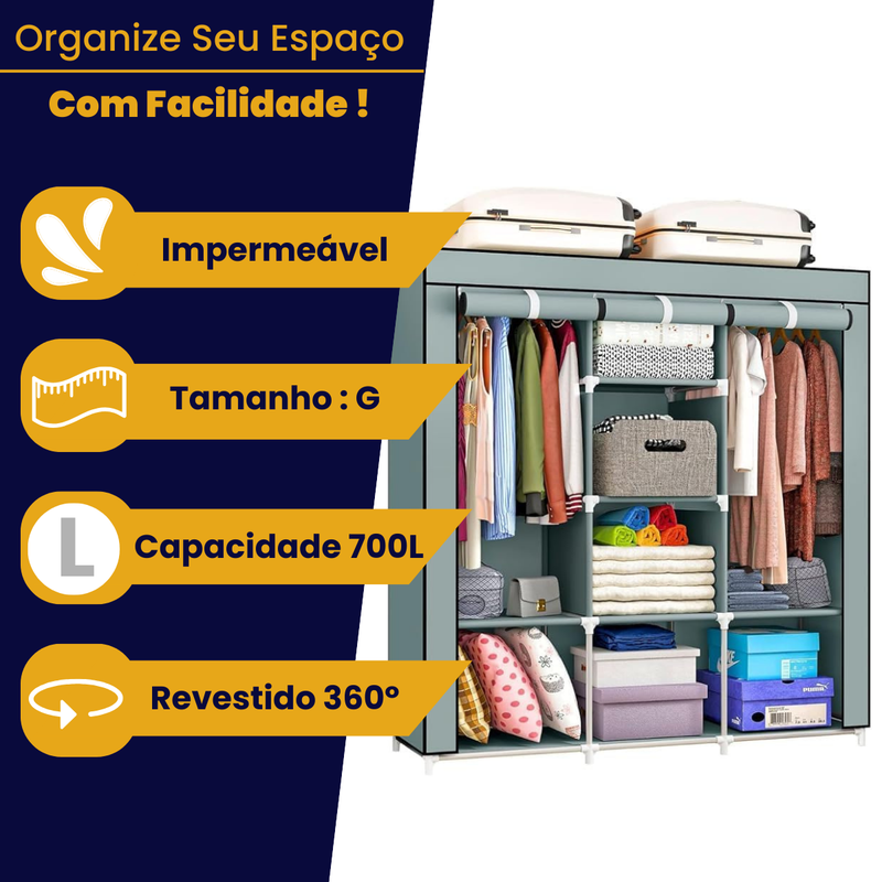 Guarda-Roupa Dobrável 3 Portas com Cabideiro e Sapateira – Portátil, Multiuso e Impermeável