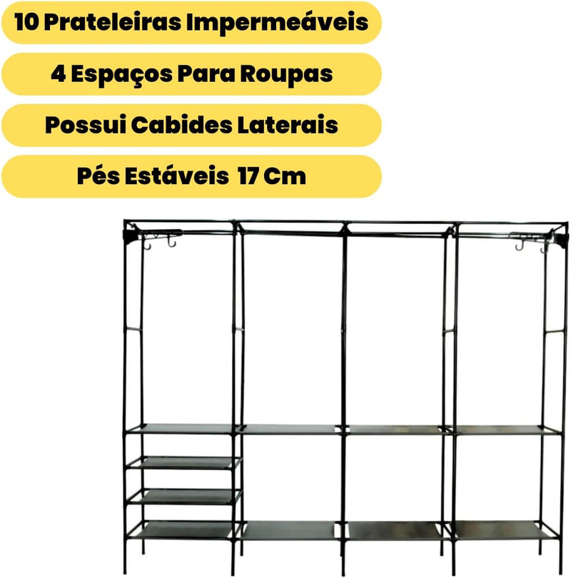 Arara Cabideiro com Sapateira e 10 Prateleiras – 4 Colunas, Super Resistente e Espaçosa para Closet e Quarto
