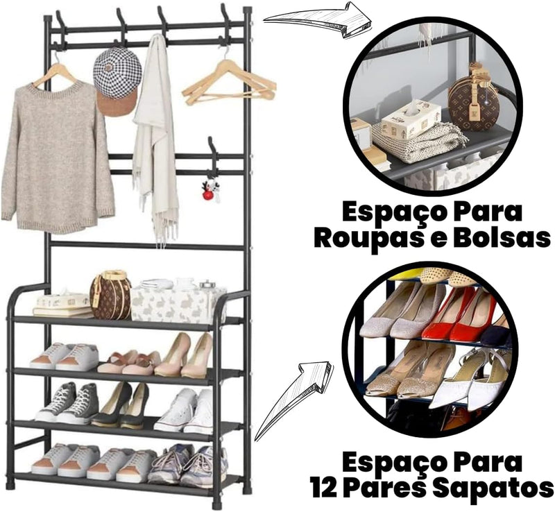 Sapateira com Cabideiro 4 Andares – Organize 12 Pares + Roupas e Acessórios em um Só Lugar