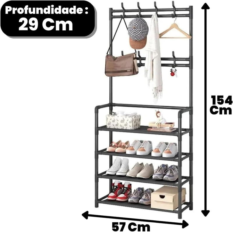 Sapateira com Cabideiro 4 Andares – Organize 12 Pares + Roupas e Acessórios em um Só Lugar
