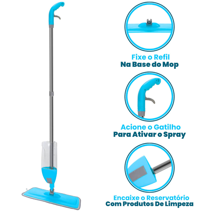 Mop Spray 3 em 1 com Reservatório 400ml + Kit com 2 ou 4 Refis – Limpeza Rápida e Profunda: Lava, Enxágua e Seca Sem Complicação